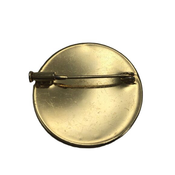 Vintage Round Damascene Brooch Pin Gold and Black 1 3/8 Inch - Picture 2 of 3